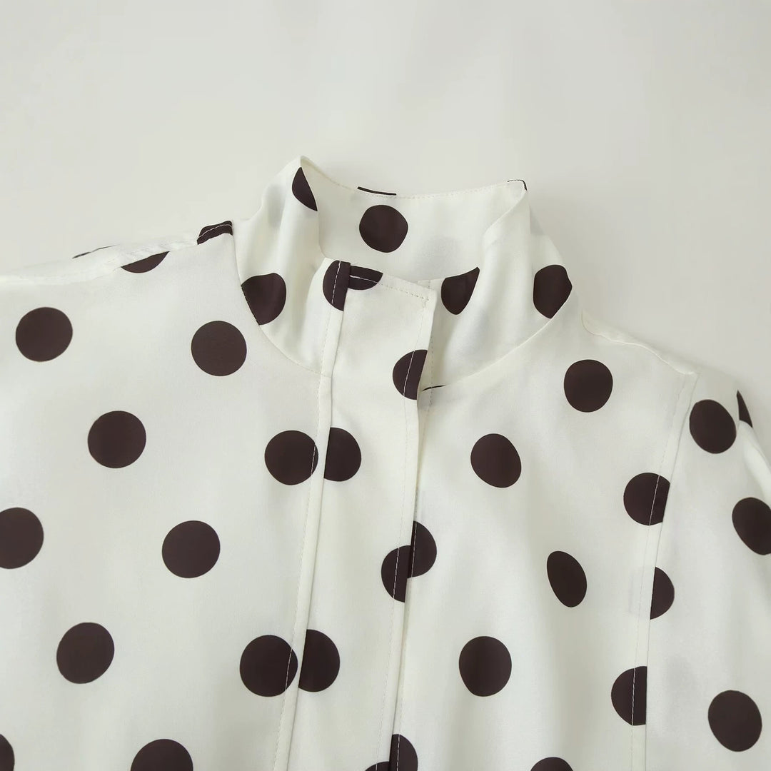Women's Dotted Windbreaker Blouson Jacket with Stand Collar, Concealed Zipper, and Drawstring Hem Mune Fashion