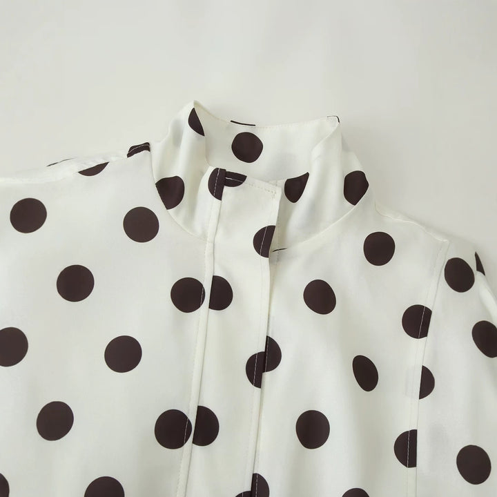 Women's Dotted Windbreaker Blouson Jacket with Stand Collar, Concealed Zipper, and Drawstring Hem Mune Fashion