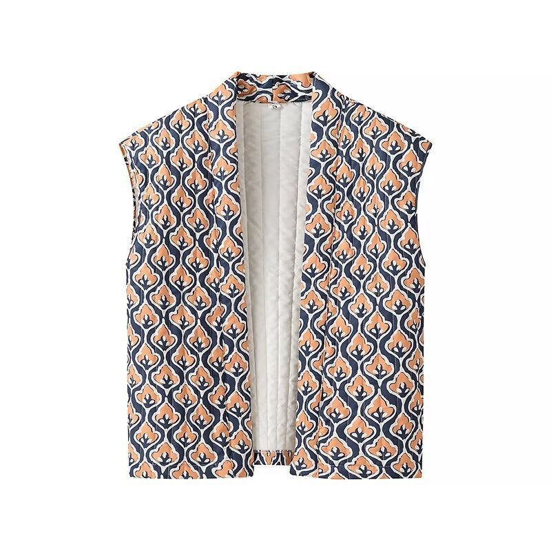 Women's non-quilted sleeveless vest with open kimono front and decorative all-over pattern Mune Fashion