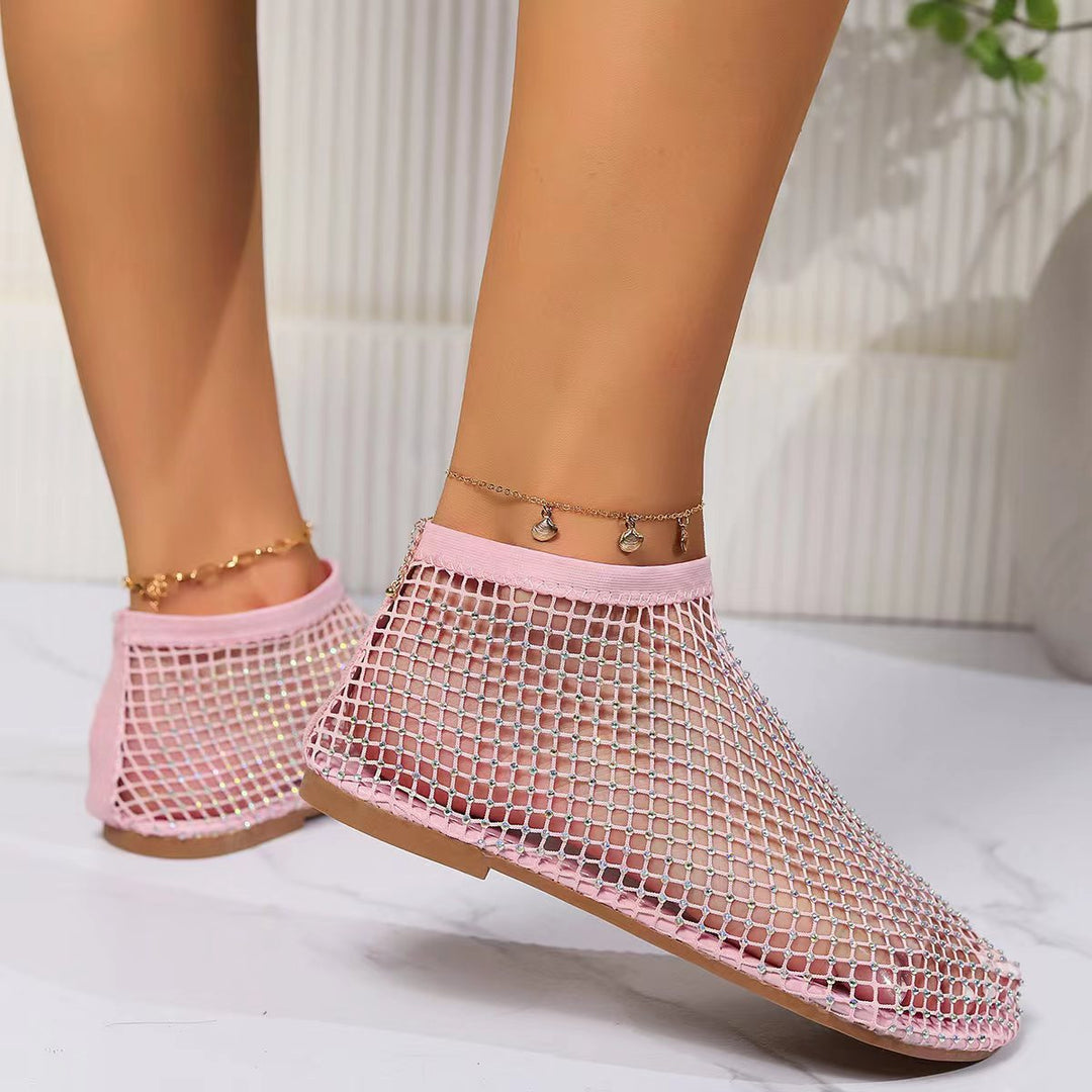 Women’s Mesh Booties with Rhinestone-Embellished Mesh Upper and Elastic Shaft