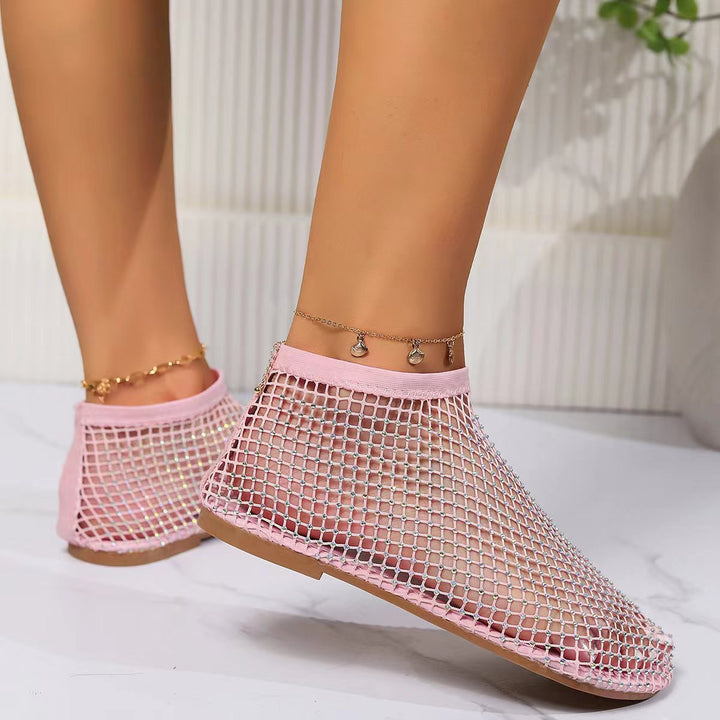 Women’s Mesh Booties with Rhinestone-Embellished Mesh Upper and Elastic Shaft
