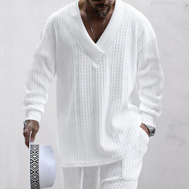 Men's Oversize Cable Knit Sweater with Deep V-Neck Mune Fashion