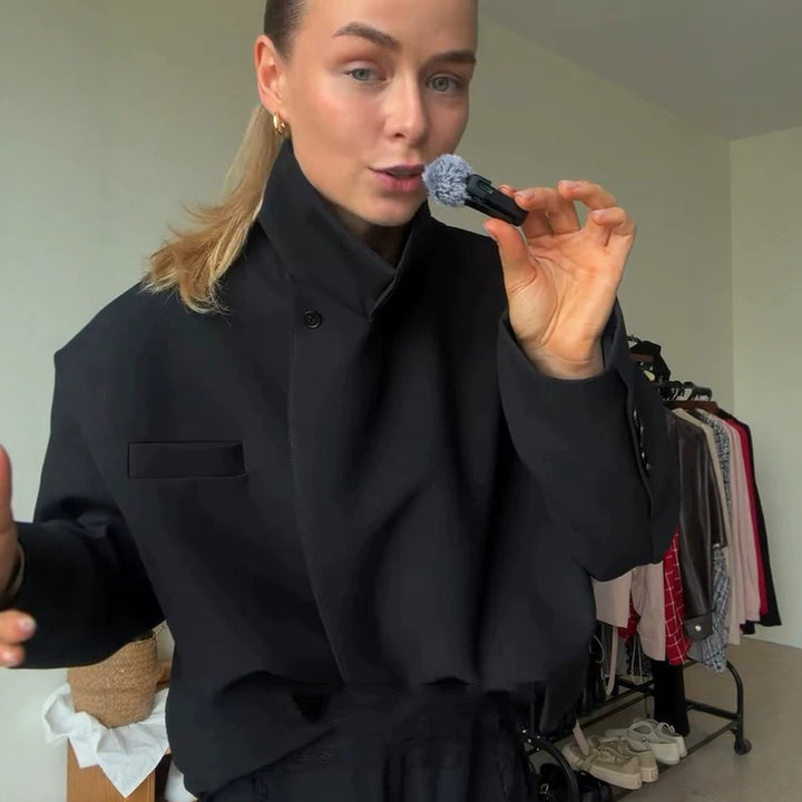Women Asymmetric Cropped Boxy Jacket with High Stand Collar and Structured Shoulder Area Mune Fashion