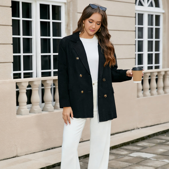 Women's Long Cord Blazer in Double Breasted with Notched Lapel and Flap Pockets Mune Fashion