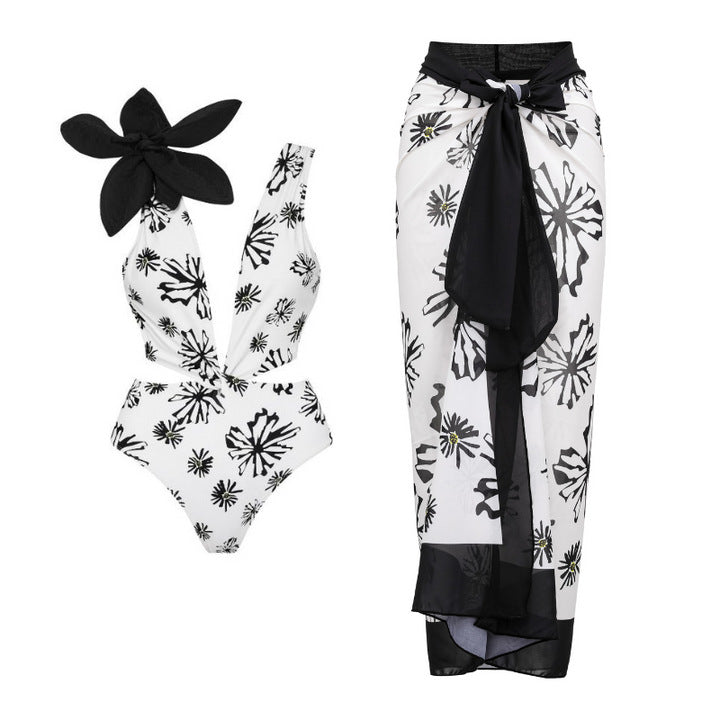 Women's bikini set with special floral decor and long wrap skirt Mune Fashion