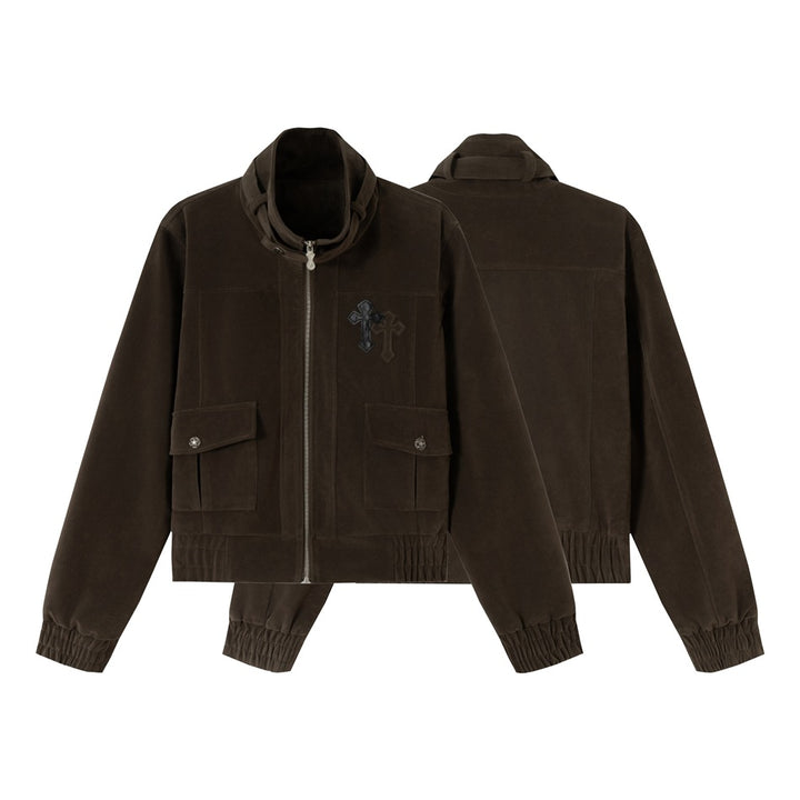 Men's short cut velour blouson jacket with funnel collar, patch pockets, and decorative cross application Mune Fashion