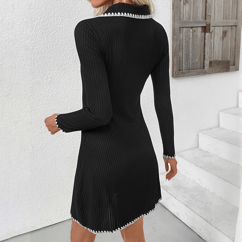 Women's fitted ribbed polo dress with lapel collar and decorative trim Mune Fashion