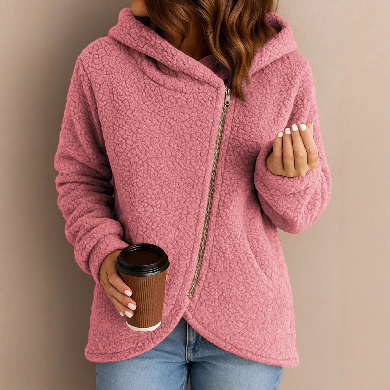 Women's teddy fleece jacket with asymmetrical zipper, hood and curved hem Mune Fashion