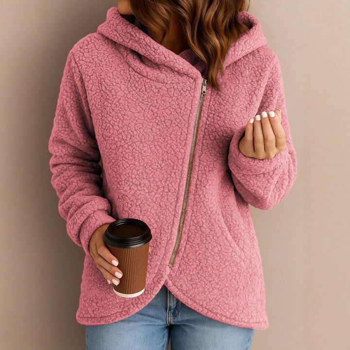 Women's teddy fleece jacket with asymmetrical zipper, hood and curved hem Mune Fashion