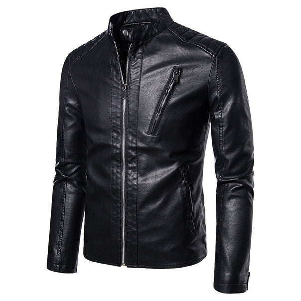 Men's Slim-Fit Faux Leather Moto Jacket in Aviator Minimal Style with Stand-Up Collar and Zipper Pockets Mune Fashion