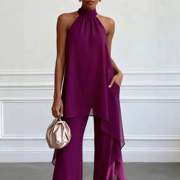 Ladies' elegant evening two-piece with gathered stand collar, asymmetrical ruffle, and flowing flared trousers Mune Fashion