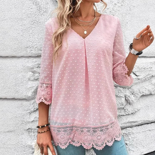 Women nan feminine chiffon tunic with dot relief, V-neck and crochet lace trim Mune Fashion