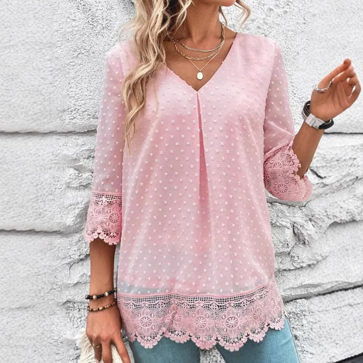 Women nan feminine chiffon tunic with dot relief, V-neck and crochet lace trim Mune Fashion