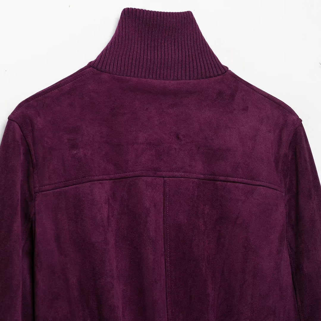Women Cropped Velvet Jacket in Bomber Style with High Ribbed Collar and Waistband Mune Fashion