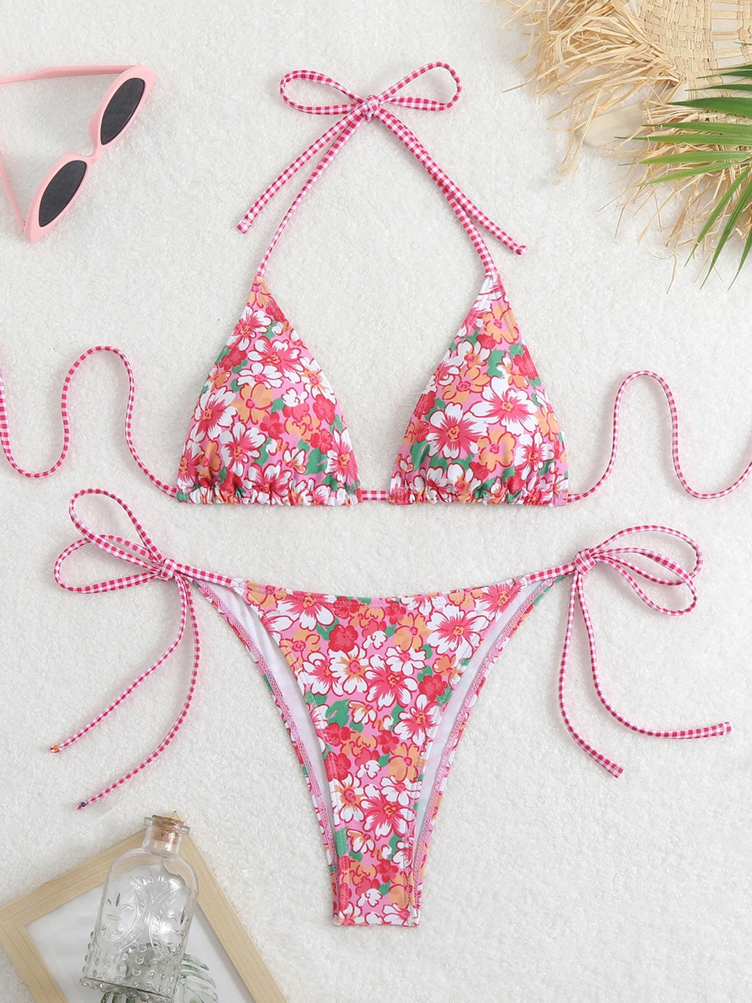 Women's Triangle Bikini Set with Playful Floral Pattern and Fine Ties Mune Fashion