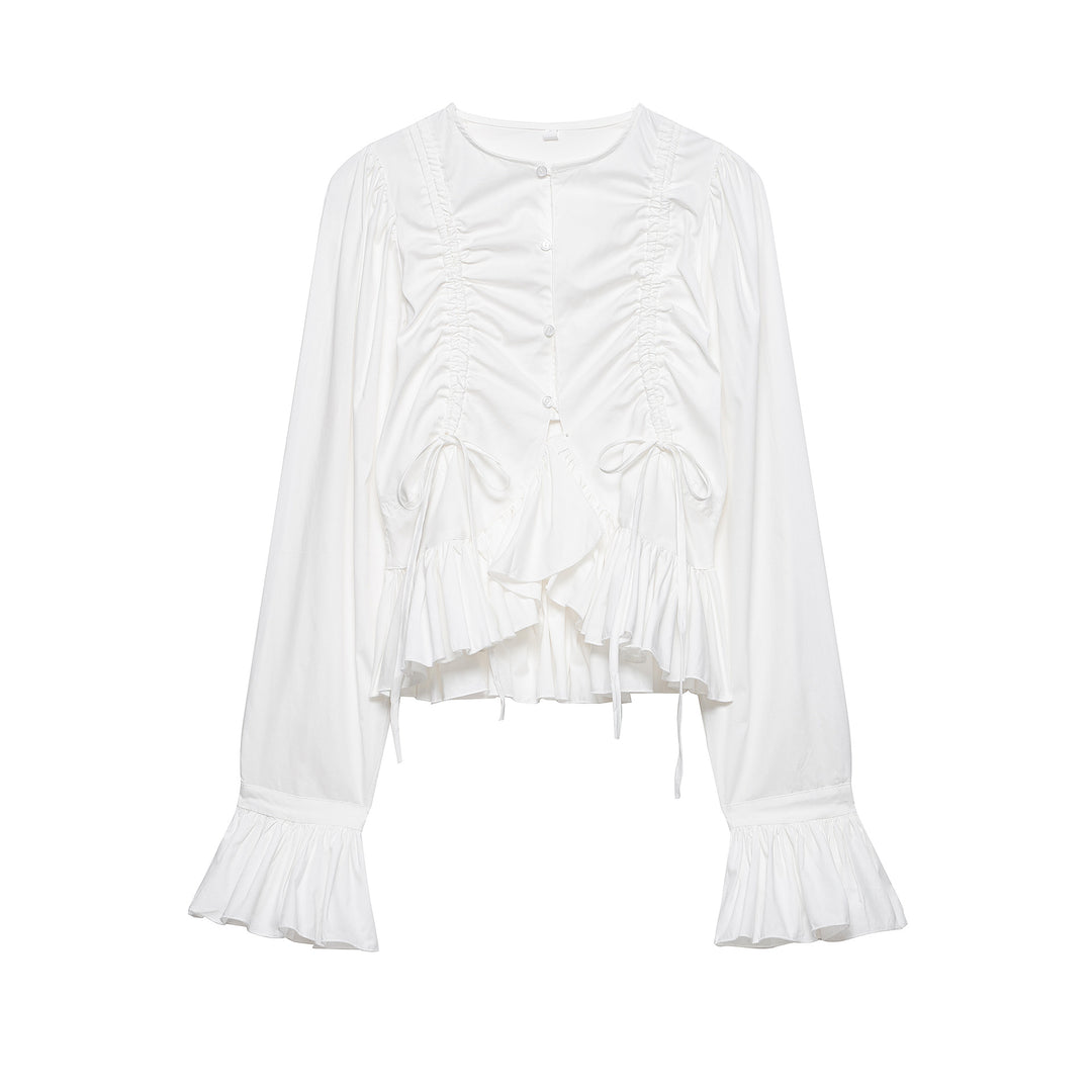 Women's Short Gathered Blouse with Drawstring, Ruffles, and Balloon Sleeves Mune Fashion