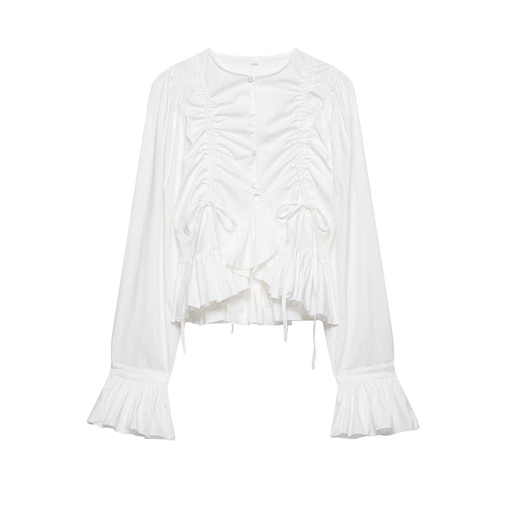 Women's Short Gathered Blouse with Drawstring, Ruffles, and Balloon Sleeves Mune Fashion