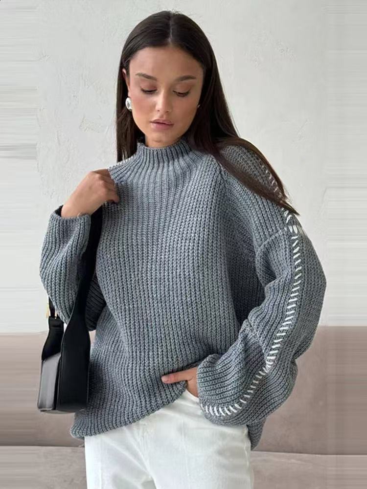 Women's Oversize Knit Sweater with Stand Collar, Balloon Sleeves and Decorative Stitch Mune Fashion