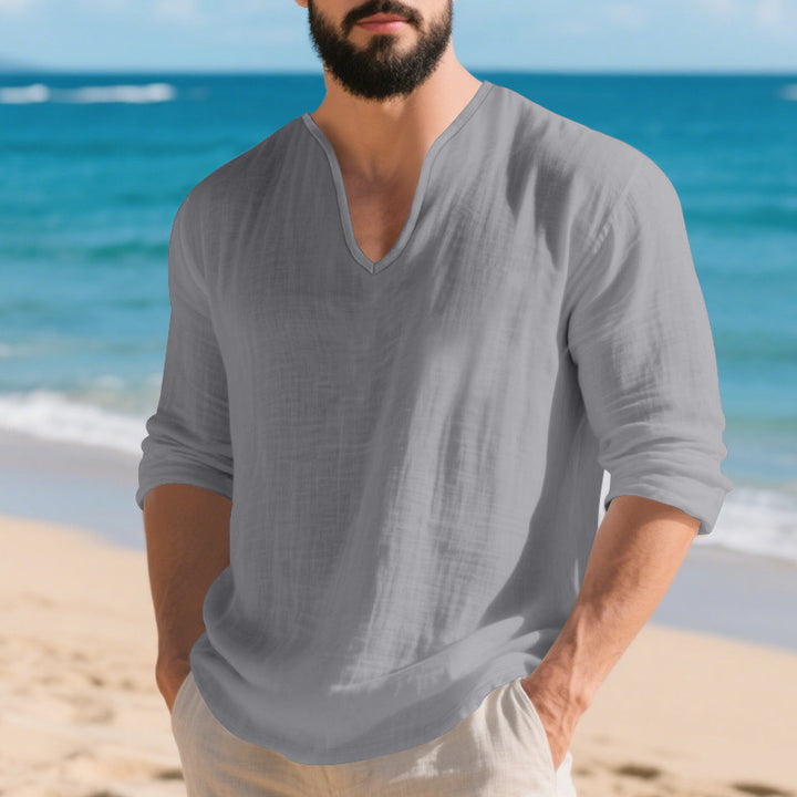 Men's lightweight linen V-neck shirt with a loose fit and roll-up sleeves Mune Fashion