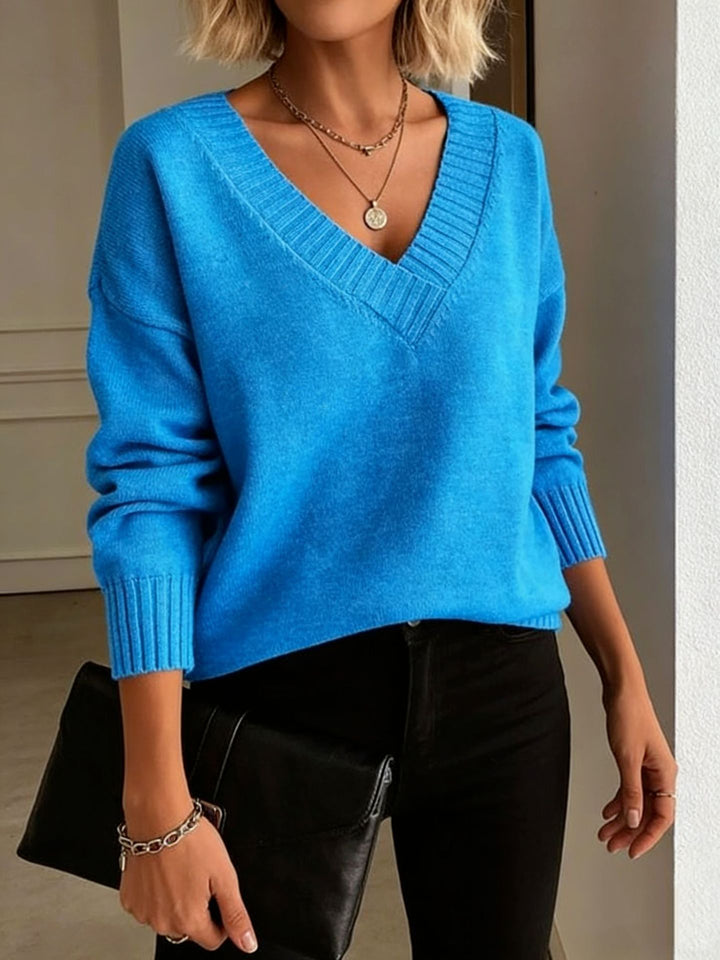 Women's fine knit sweater with deep V-neck and dropped shoulder Mune Fashion