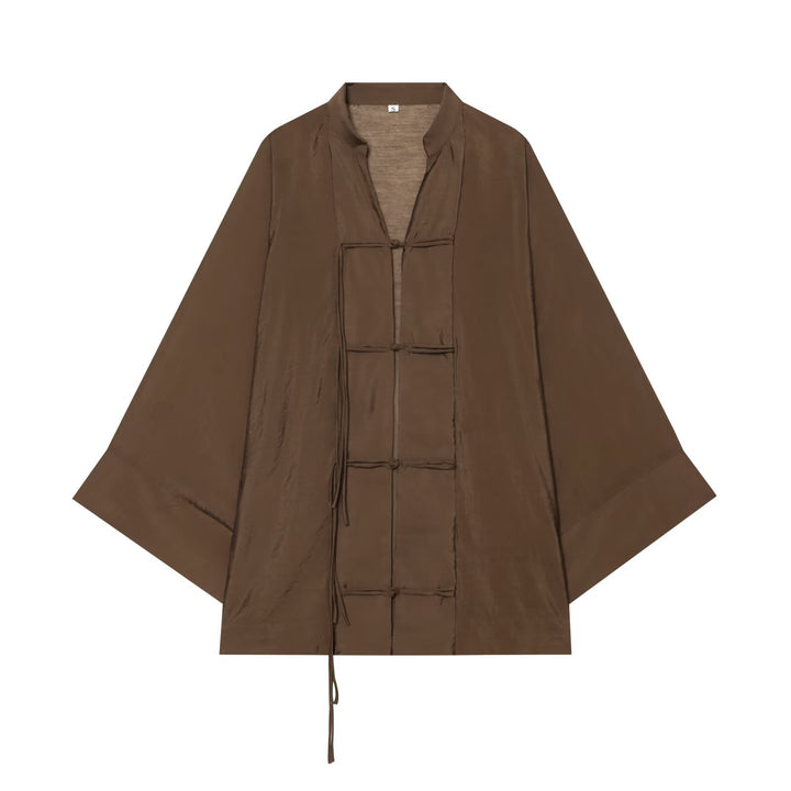 Women Oversize Kimono Jacket with Decorative Knot and Long Fringed Ribbons Mune Fashion