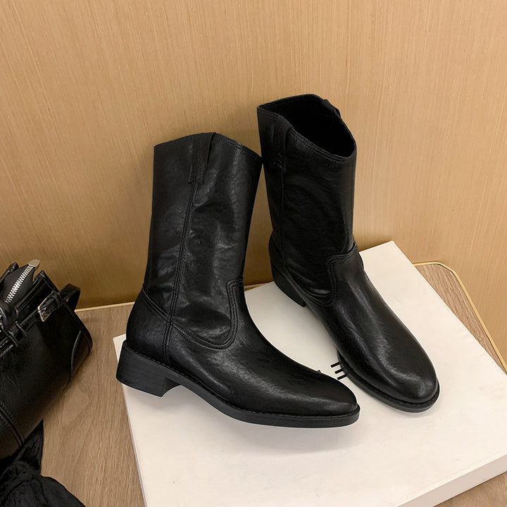 Women's Mid-Calf Western Boots made of Smooth Leather with Low Block Heel Mune Fashion