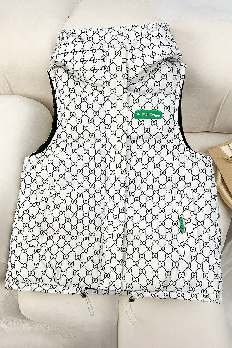 Women's quilted hooded vest with all-over logo print, padded insulation, adjustable hem, and concealed zip pockets Mune Fashion