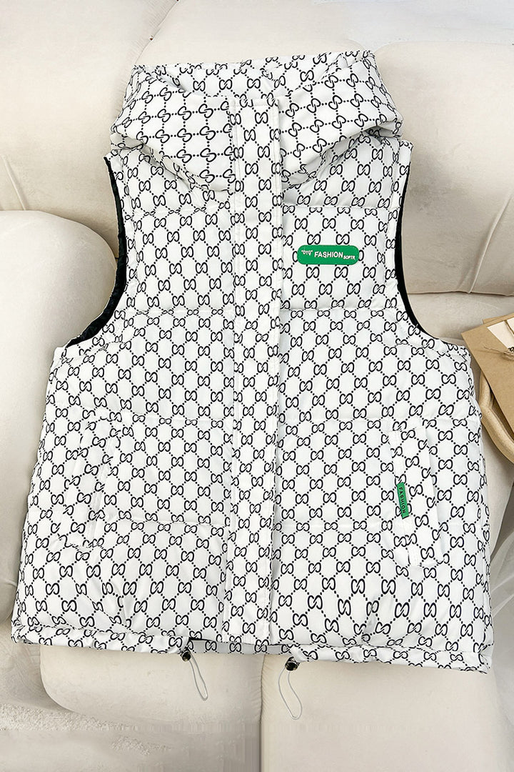 Women's quilted hooded vest with all-over logo print, padded insulation, adjustable hem, and concealed zip pockets Mune Fashion