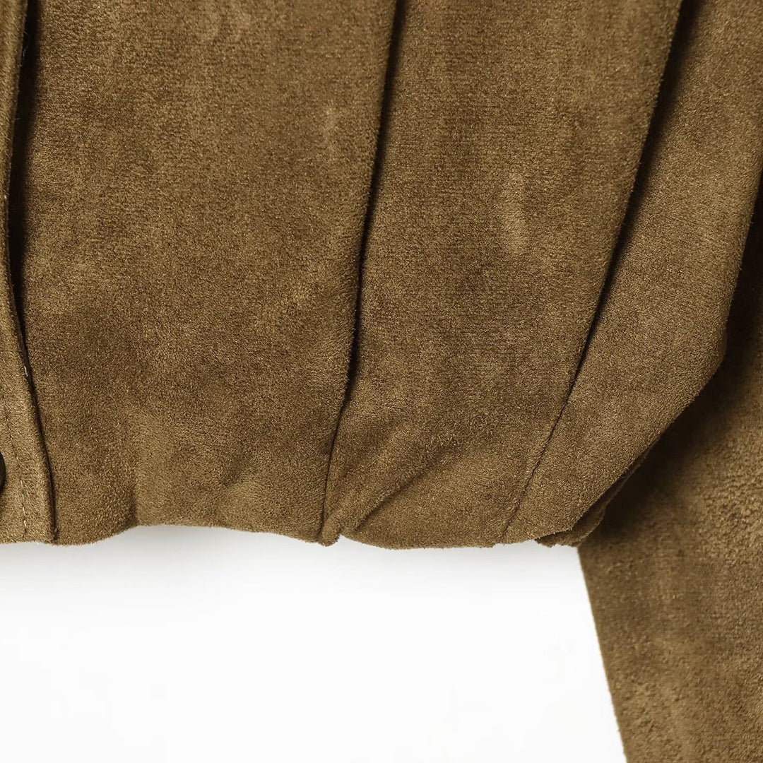 Women's Short Cut Double-Breasted Suede Look Jacket with Stand Collar and Epaulettes Mune Fashion