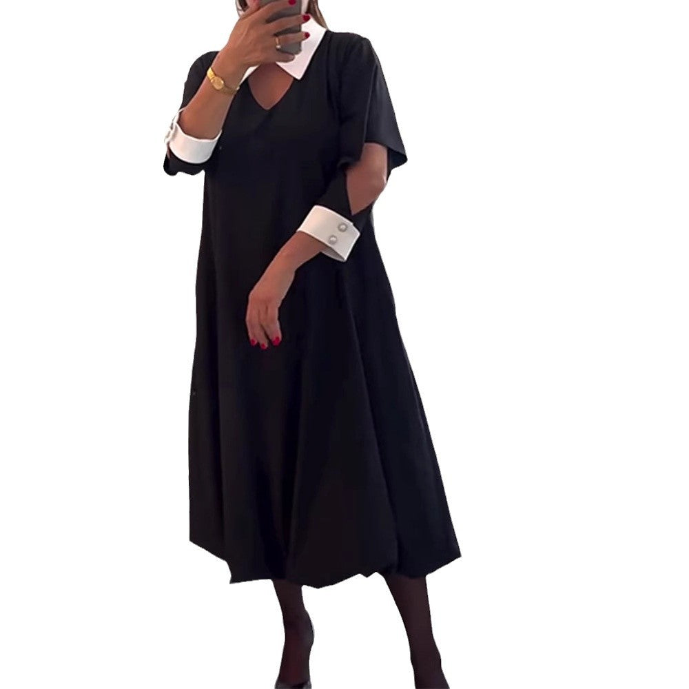 Women's casual midi dress with pointed contrast collar, cuffed sleeves, side pockets, and balloon hem Mune Fashion