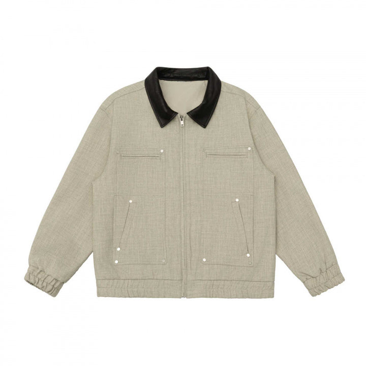 Men's short boxy jacket made of wool blend with contrasting leather collar, zipper and patch pockets Mune Fashion