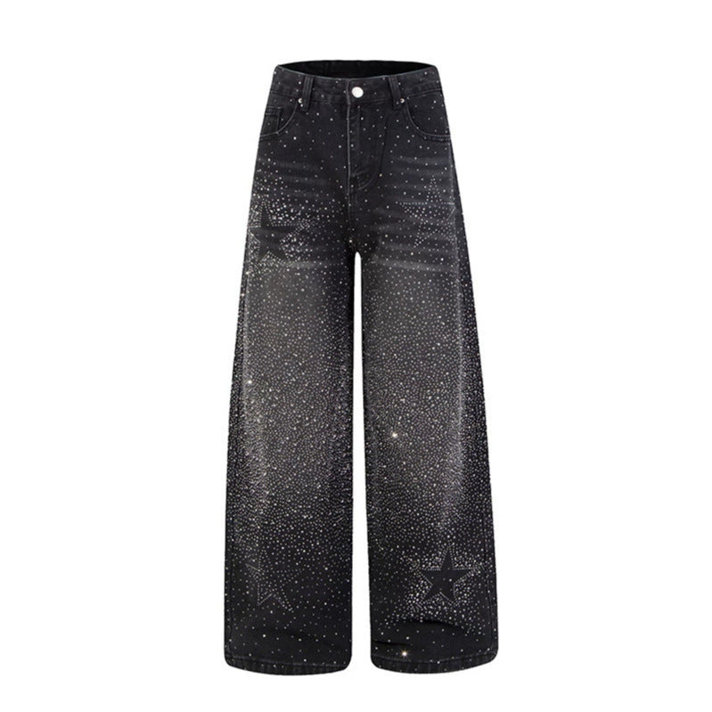 Women wide high-cut palazzo jeans with glitter effect and vintage wash Mune Fashion