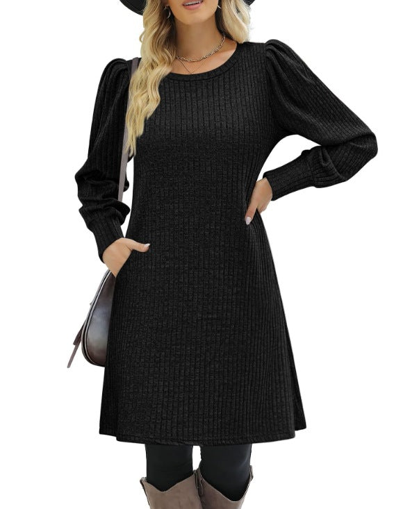 Women's knitted A-line knit dress with puff sleeves Mune Fashion