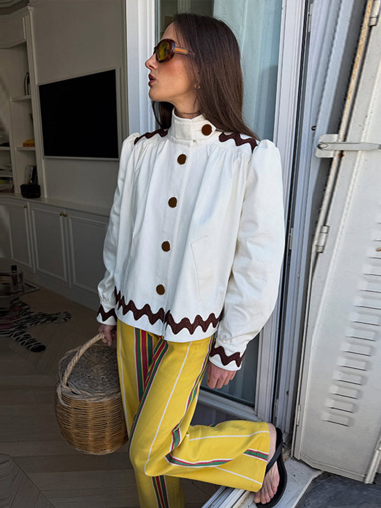 Ladies short jacket with stand-up collar, decorative wave edge and decorative button placket Mune Fashion