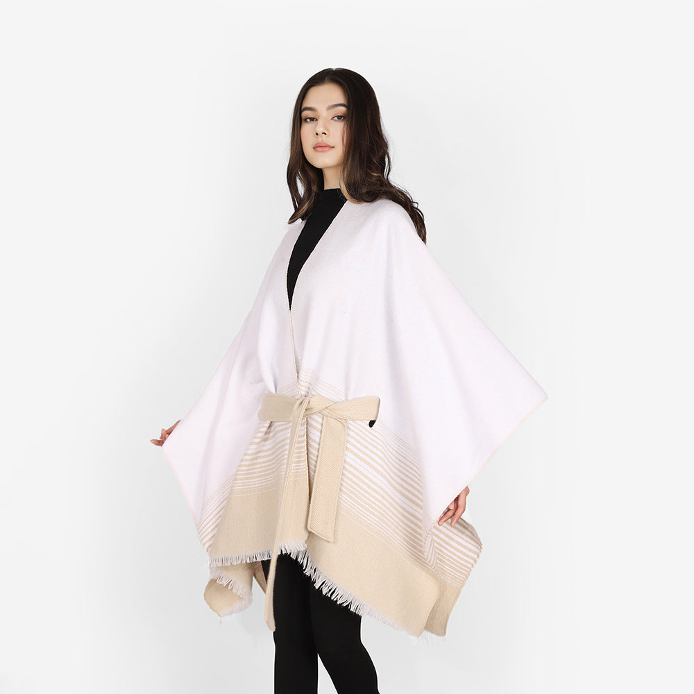 Ladies wrap poncho made of fine knit with tie belt and fringed hem Mune Fashion
