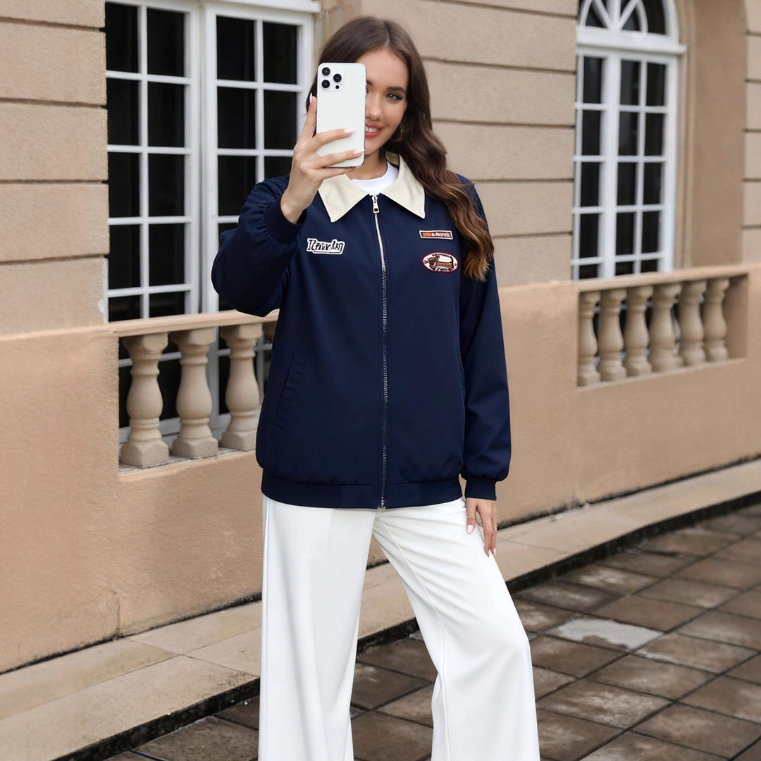 Women's Lightweight Bomber Jacket with Contrast Collar and Patches Mune Fashion