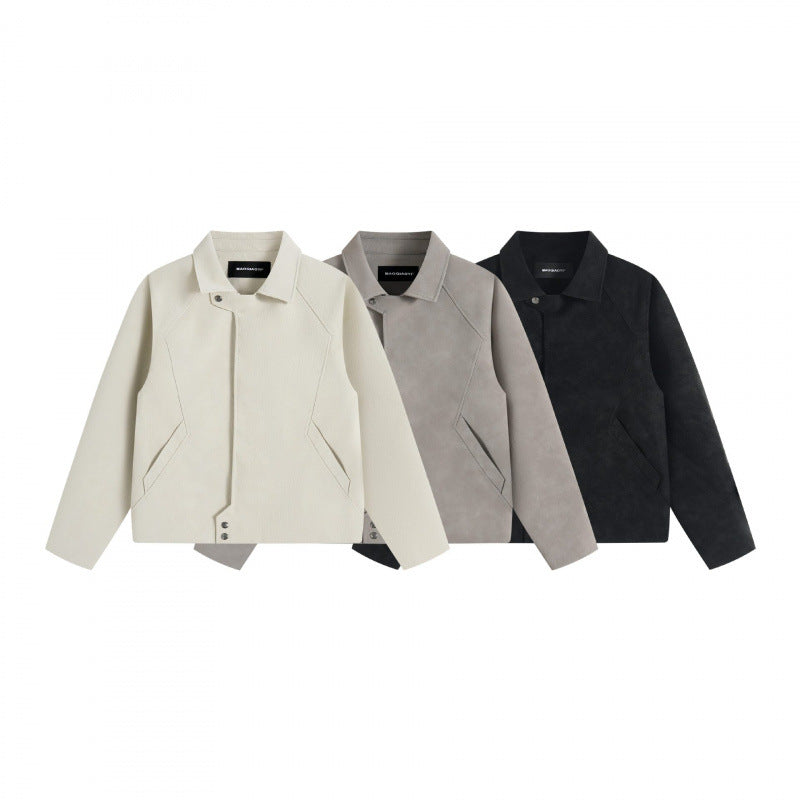 Unisex short jacket in minimalist suede look with concealed front placket and shirt collar Mune Fashion