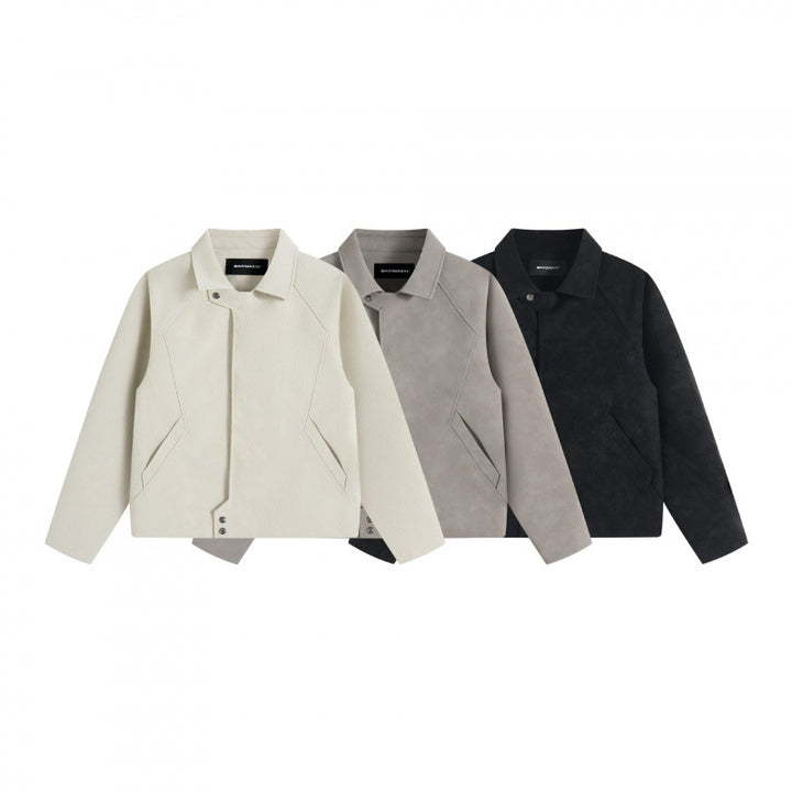 Unisex short jacket in minimalist suede look with concealed front placket and shirt collar Mune Fashion