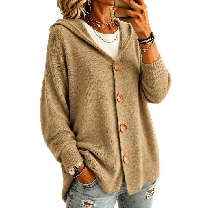 Women’s Oversize Hooded Cardigan with Wooden Buttons and Ribbed Cuffs Mune Fashion