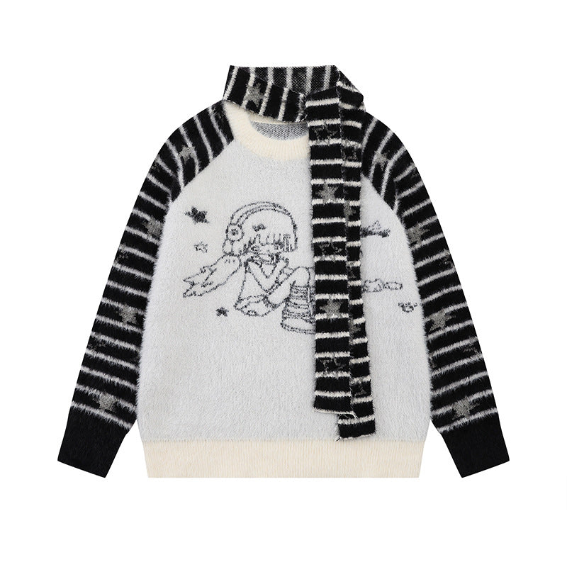 Women Soft Fluffy Knit Sweater with Integrated Tube Scarf and Manga Illustration Mune Fashion