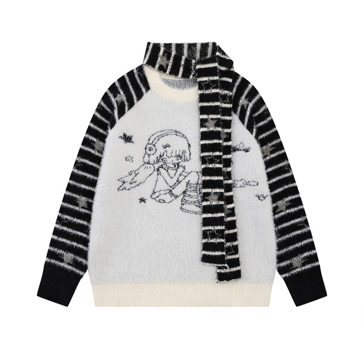 Women Soft Fluffy Knit Sweater with Integrated Tube Scarf and Manga Illustration Mune Fashion