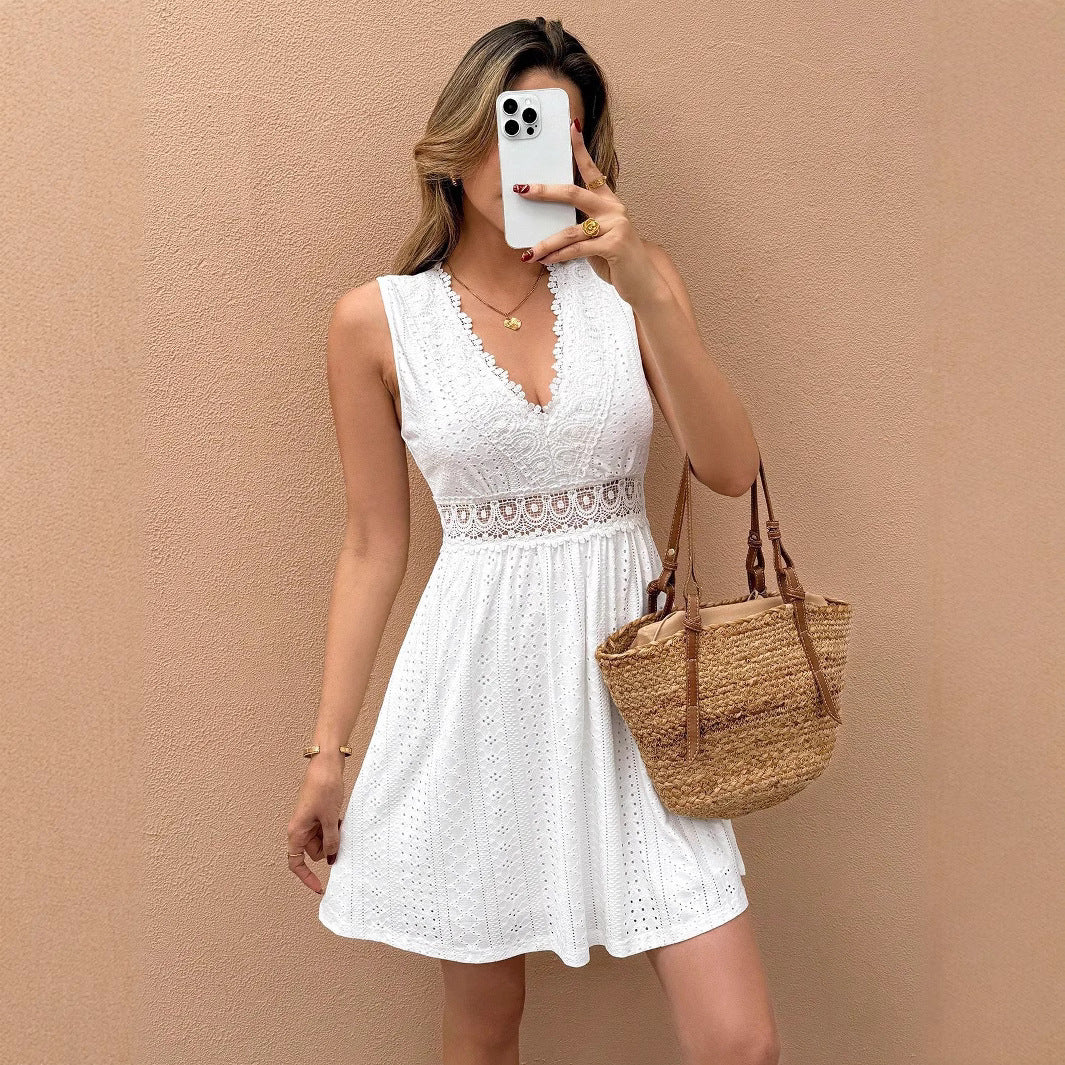 Women cotton embroidery summer dress with V-neck and lace waistband Mune Fashion