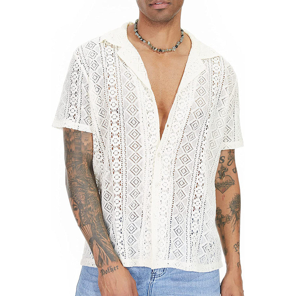 Men's airy crochet knit polo with open V-neck and Kent collar Mune Fashion