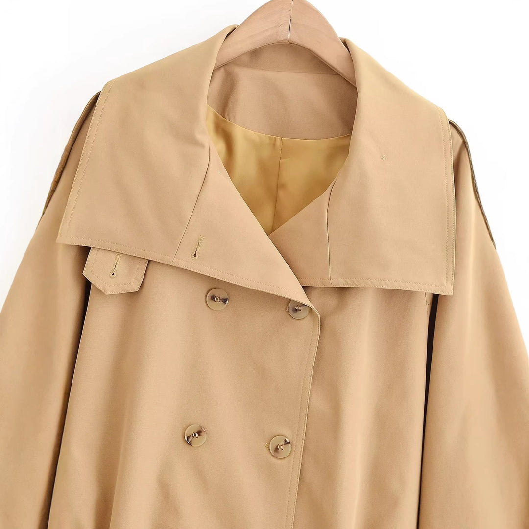 Women Short Trench Coat with Double-breasted Button Placket, Cape Yoke and Waist Belt Mune Fashion