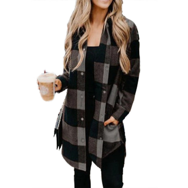 Women's Casual Long Blouse In Check Design with Button Placket Mune