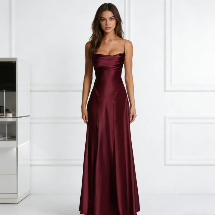 Ladies Elegant Satin Evening Dress with Fitted Cut and Slim Straps Mune Fashion