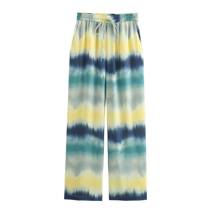 Women's Wide Palazzo Lounge Pants with Elastic Waistband, Drawstring and Watercolor Print Mune Fashion