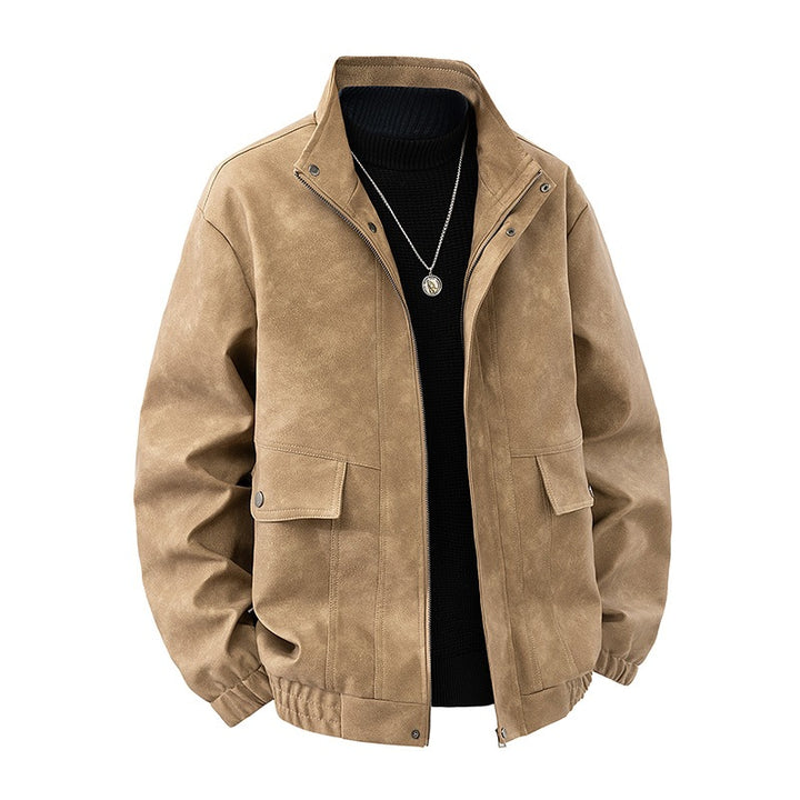 Men's suede leather imitation bomber jacket with stand-up collar and flap pockets Mune Fashion