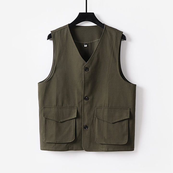 Men's utility vest with V-neck, button placket, and applied flap pockets Mune Fashion