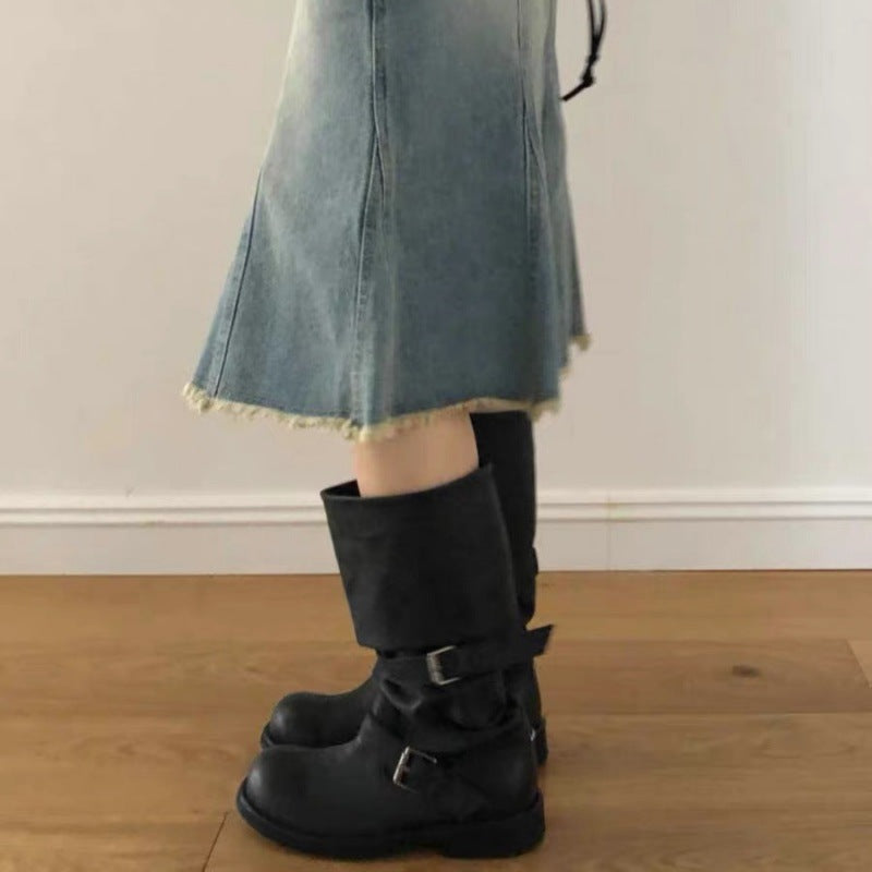 Women's Knee-High Motorcycle Biker Boots Mune Fashion